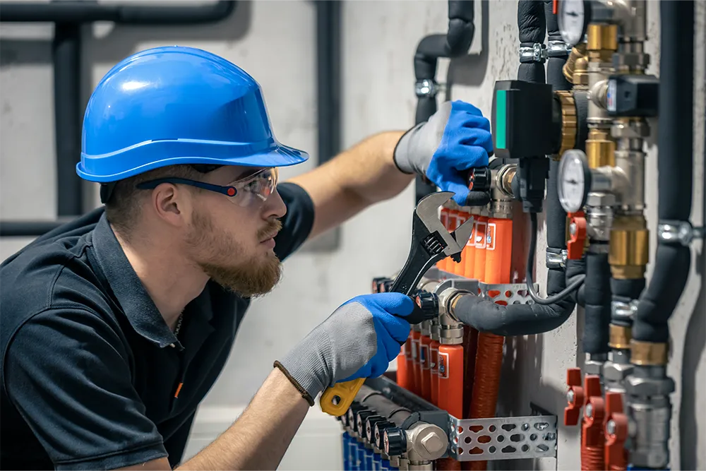 Technician working inside an elevator machine room